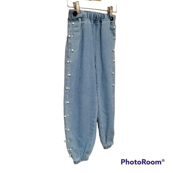 Pearl Embellished Denim Elastic Waist Jeans Kids Sz 7 - Picture 3 of 9